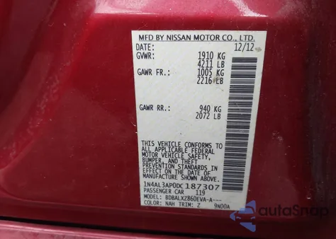 2013 Nissan Altima 2.5 Sl из США, поврежденный, VIN 1N4AL3AP0DC187307